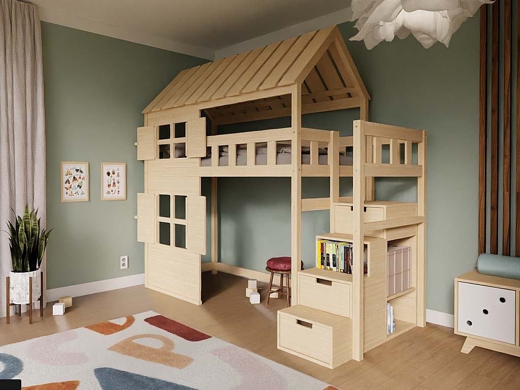 Kinderbed huisje COTTAGE – halfhoogslaper met opbergtrap 90x200 – afbeelding 4