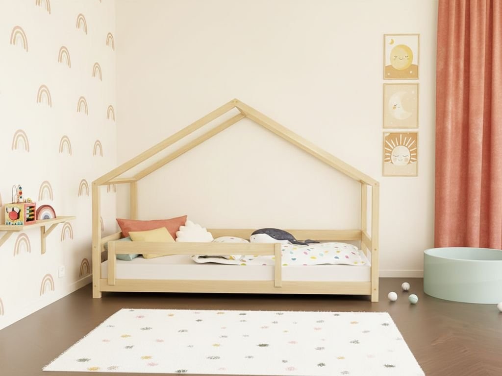 Kinderbed huisje LUCKY met voordak en hekje – 120-140 cm breed – afbeelding 2