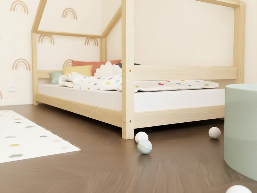 Kinderbed huisje LUCKY met voordak en hekje – 120-140 cm breed – afbeelding 3