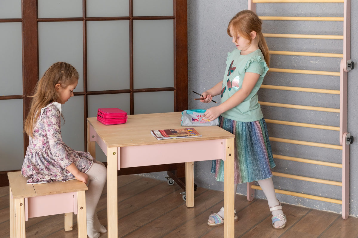 Kindertafel en stoel met opbergruimte van hout – afbeelding 2