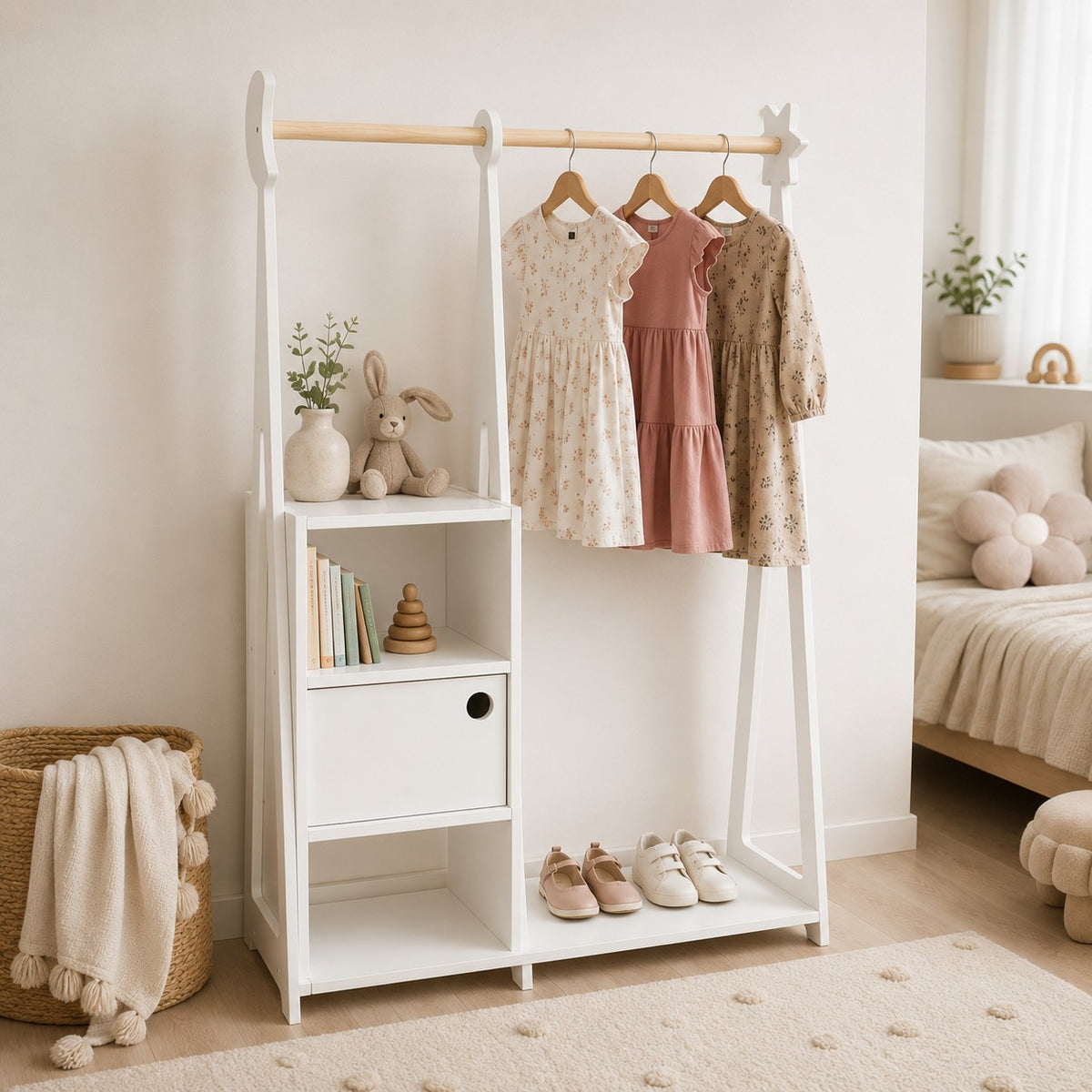 Kledingkast kinderkamer Montessori met opbergkastje – wit – afbeelding 2