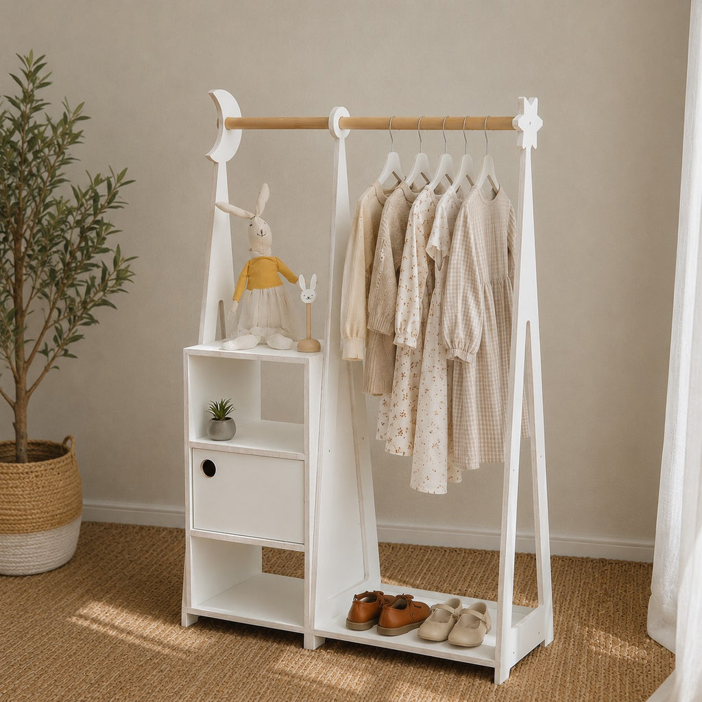 Kledingkast kinderkamer Montessori met opbergkastje – wit – afbeelding 4