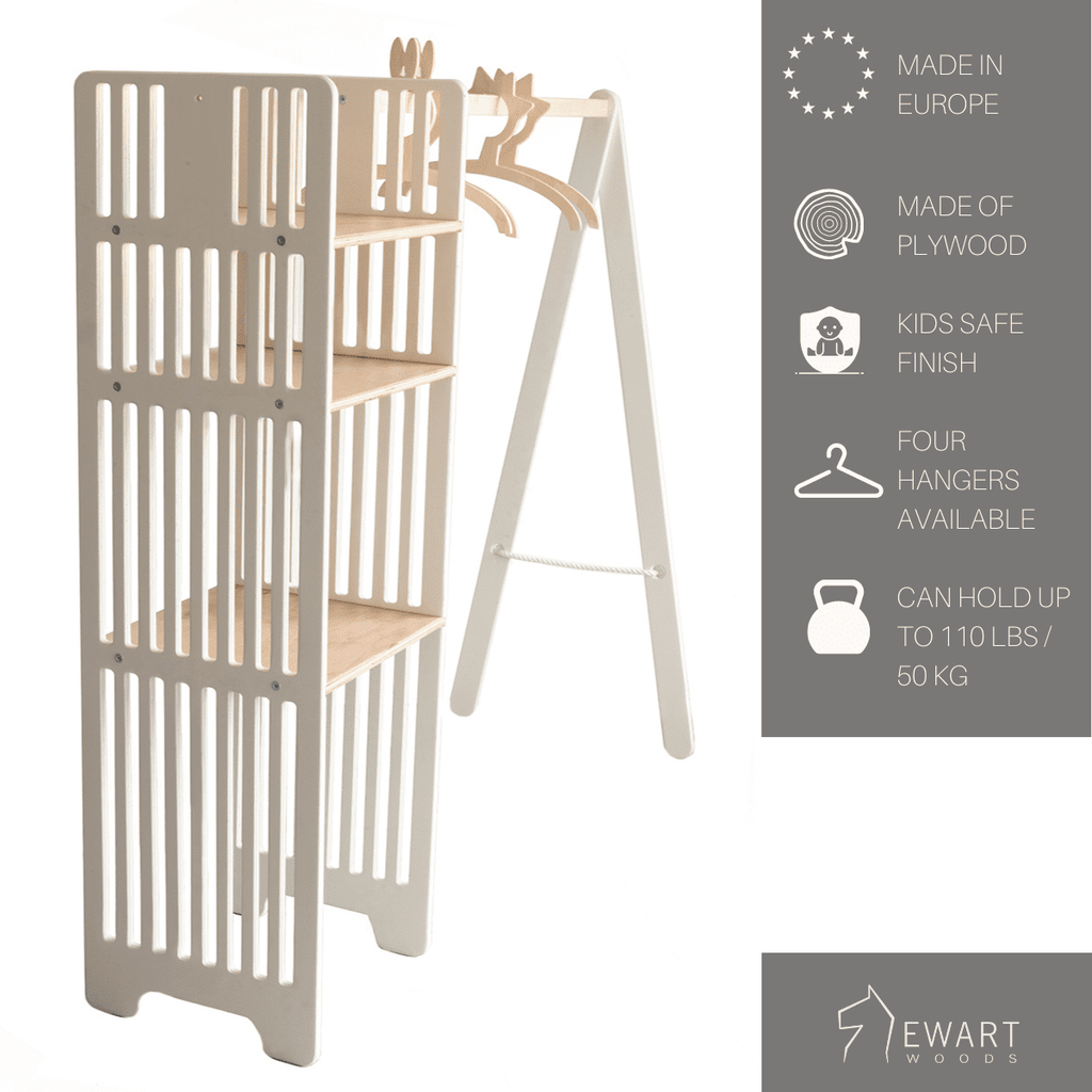 Kledingrek kinderkamer van hout met opbergplanken – afbeelding 3