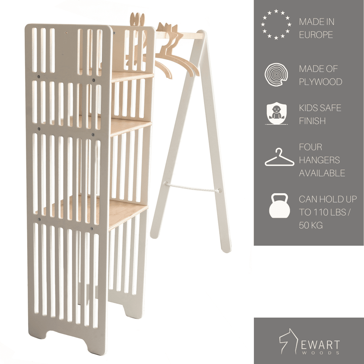 Kledingrek kinderkamer van hout met opbergplanken – afbeelding 3