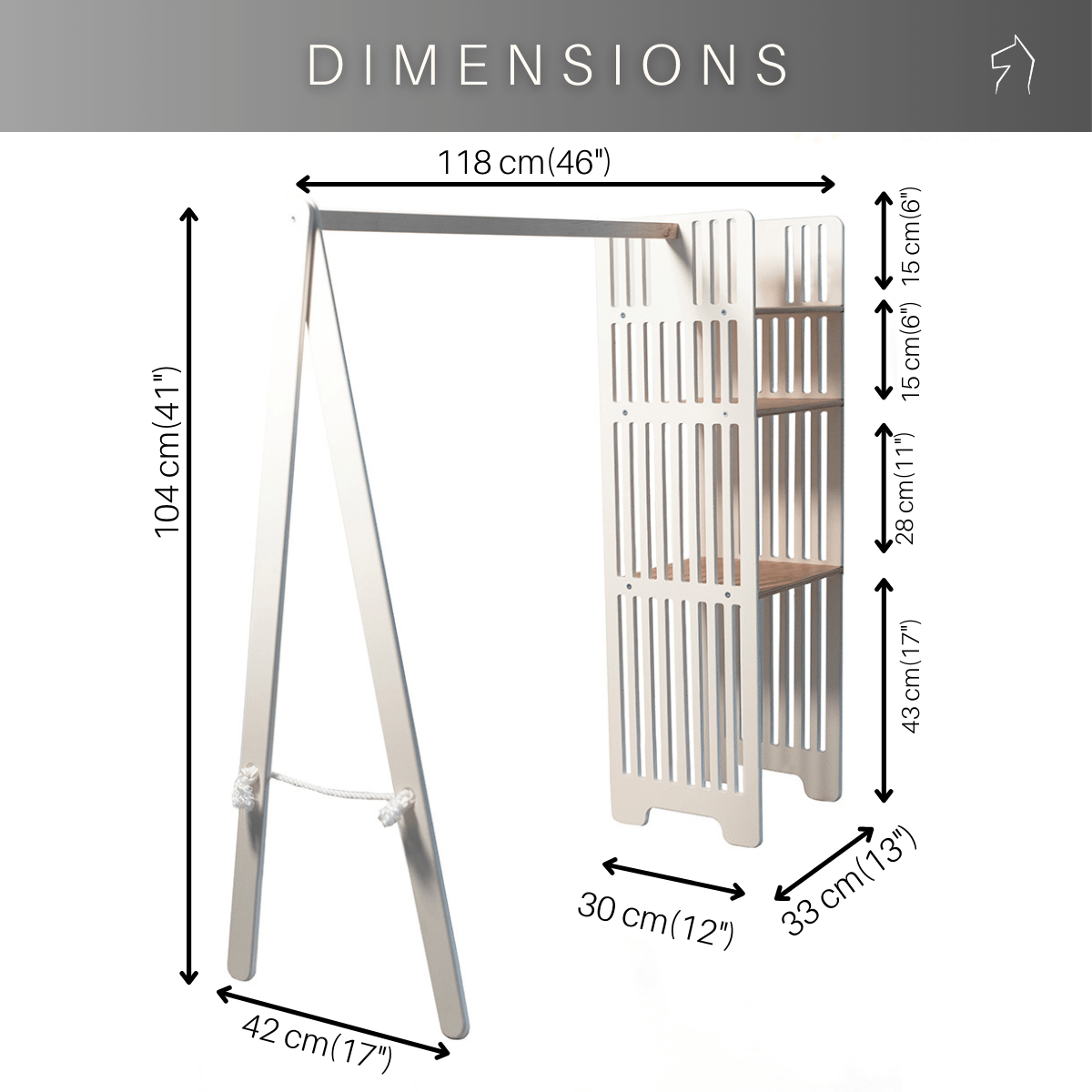 Kledingrek kinderkamer van hout met opbergplanken – afbeelding 5
