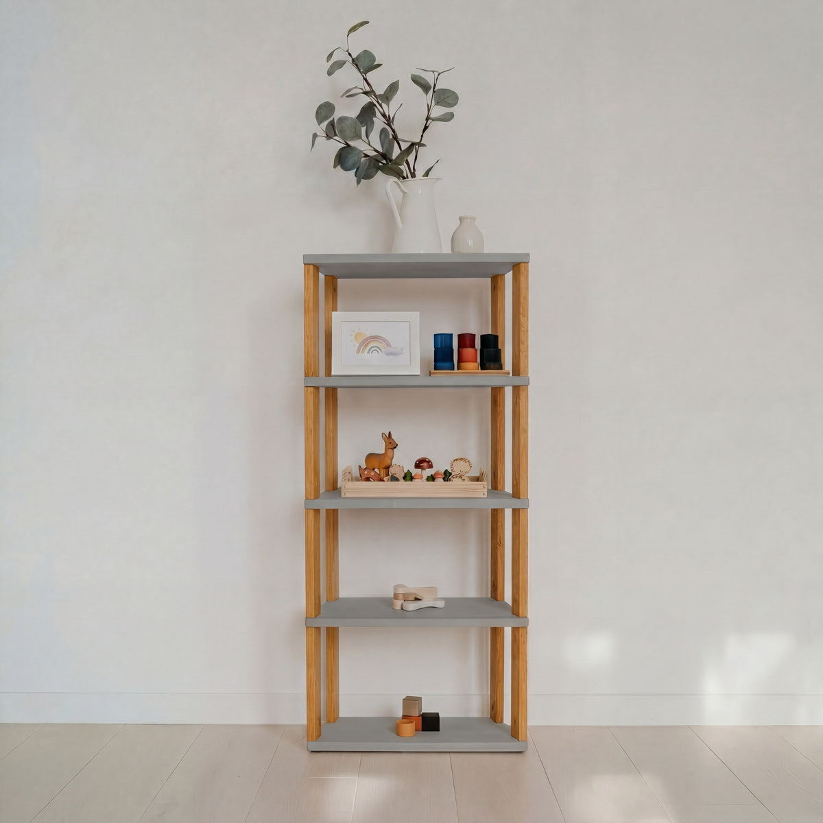 Montessori Rek Smal 5 Planken Grijs Bruin