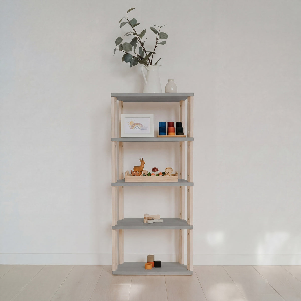 Montessori Rek Smal 5 Planken Grijs Naturel