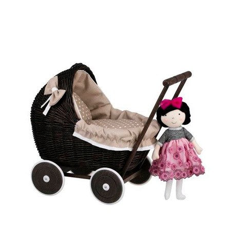 Poppenwagen riet donker geverfd – beige beddengoed – afbeelding 10