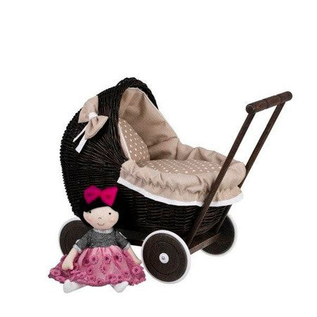 Poppenwagen riet donker geverfd – beige beddengoed – afbeelding 11