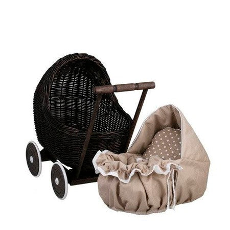 Poppenwagen riet donker geverfd – beige beddengoed – afbeelding 3