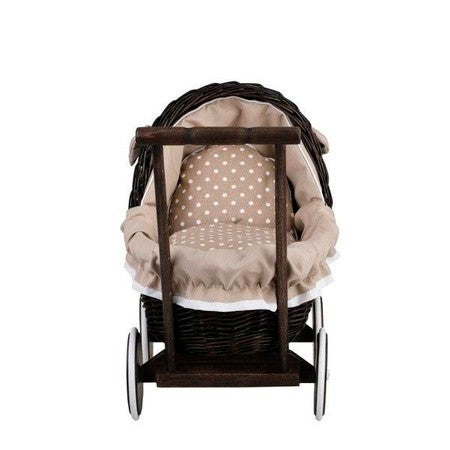 Poppenwagen riet donker geverfd – beige beddengoed – afbeelding 4