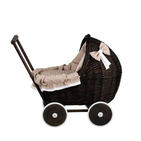 Poppenwagen riet donker geverfd – beige beddengoed – afbeelding 5