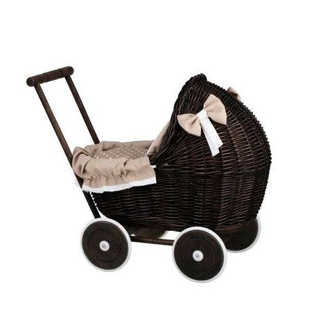 Poppenwagen riet donker geverfd – beige beddengoed – afbeelding 6