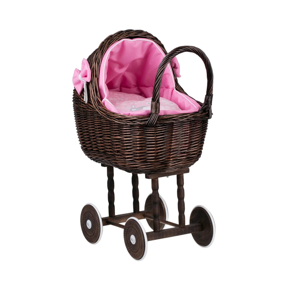 Poppenwagen riet Lena donker – roze beddengoed