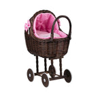 Poppenwagen riet Lena donker – roze beddengoed