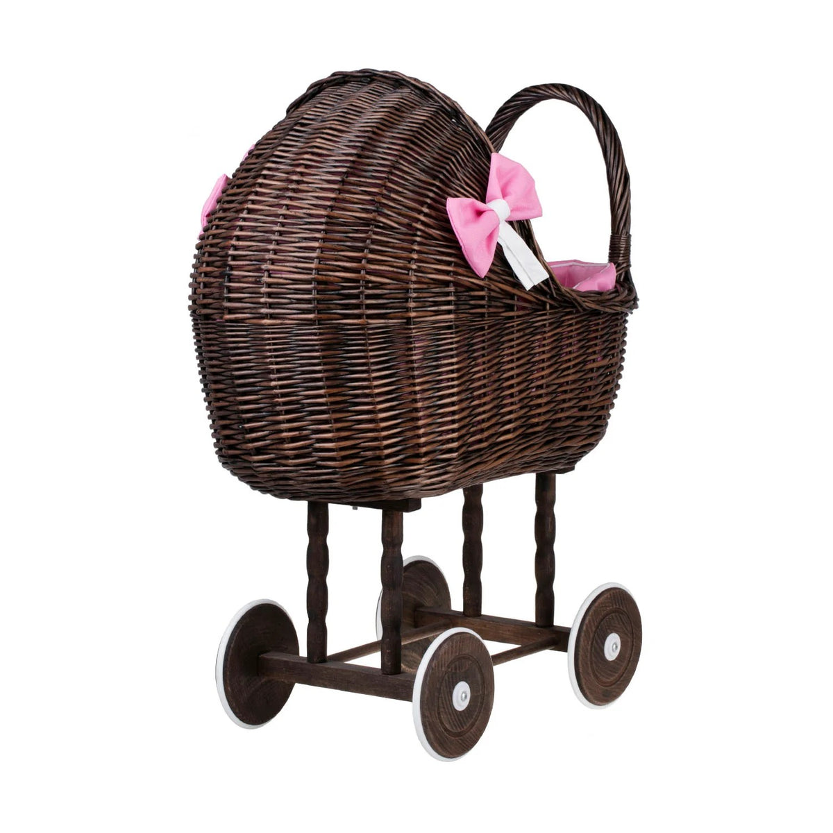 Poppenwagen riet Lena donker – roze beddengoed – afbeelding 2