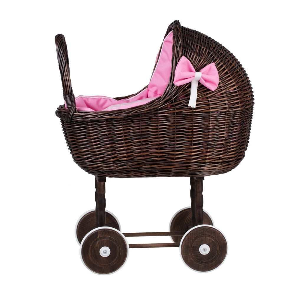 Poppenwagen riet Lena donker – roze beddengoed – afbeelding 3