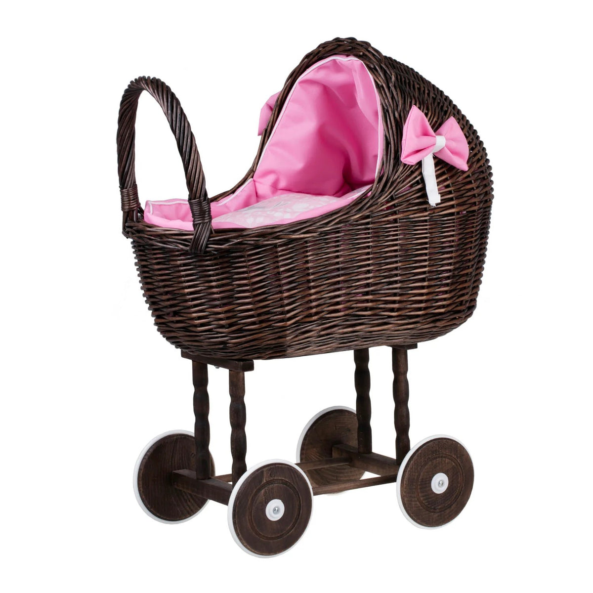 Poppenwagen riet Lena donker – roze beddengoed – afbeelding 4