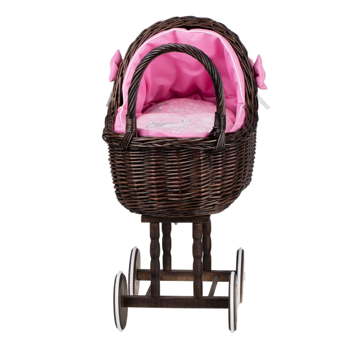 Poppenwagen riet Lena donker – roze beddengoed – afbeelding 5
