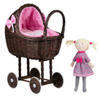 Poppenwagen riet Lena donker – roze beddengoed – afbeelding 6