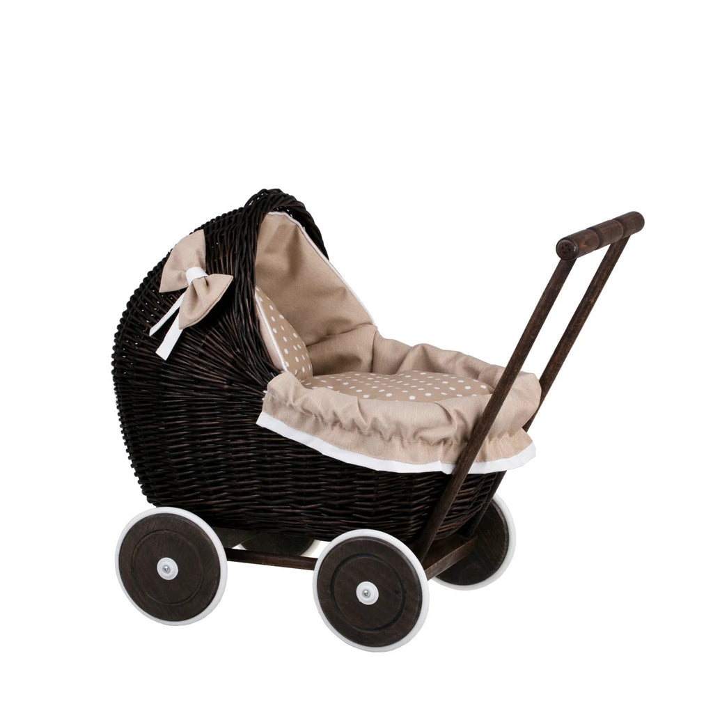 Poppenwagen riet Lili donker – beige beddengoed