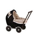 Poppenwagen riet Lili donker – beige beddengoed