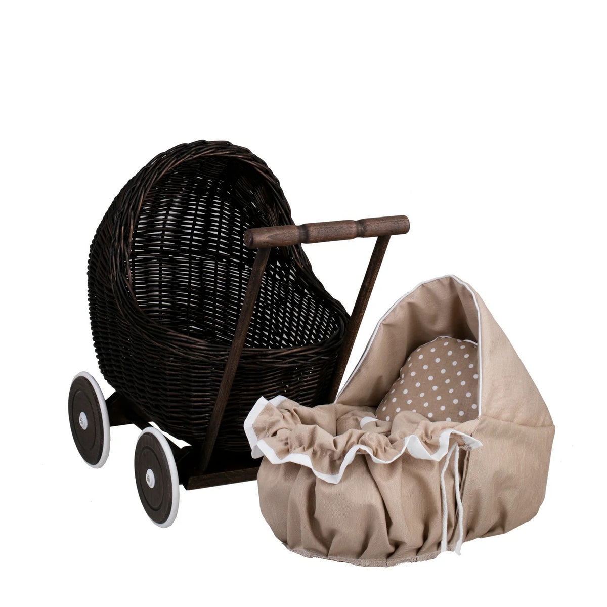 Poppenwagen riet Lili donker – beige beddengoed – afbeelding 2