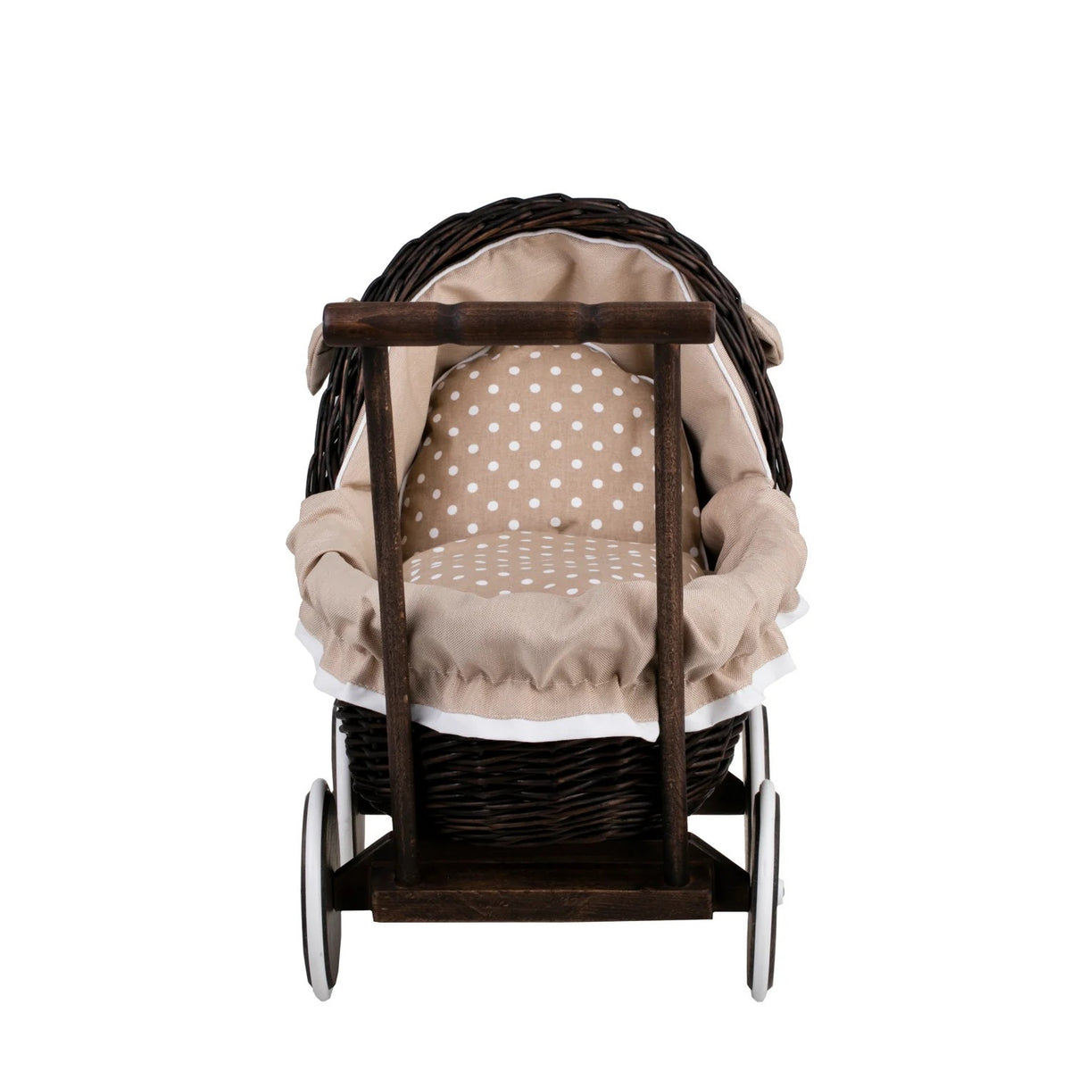 Poppenwagen riet Lili donker – beige beddengoed – afbeelding 3