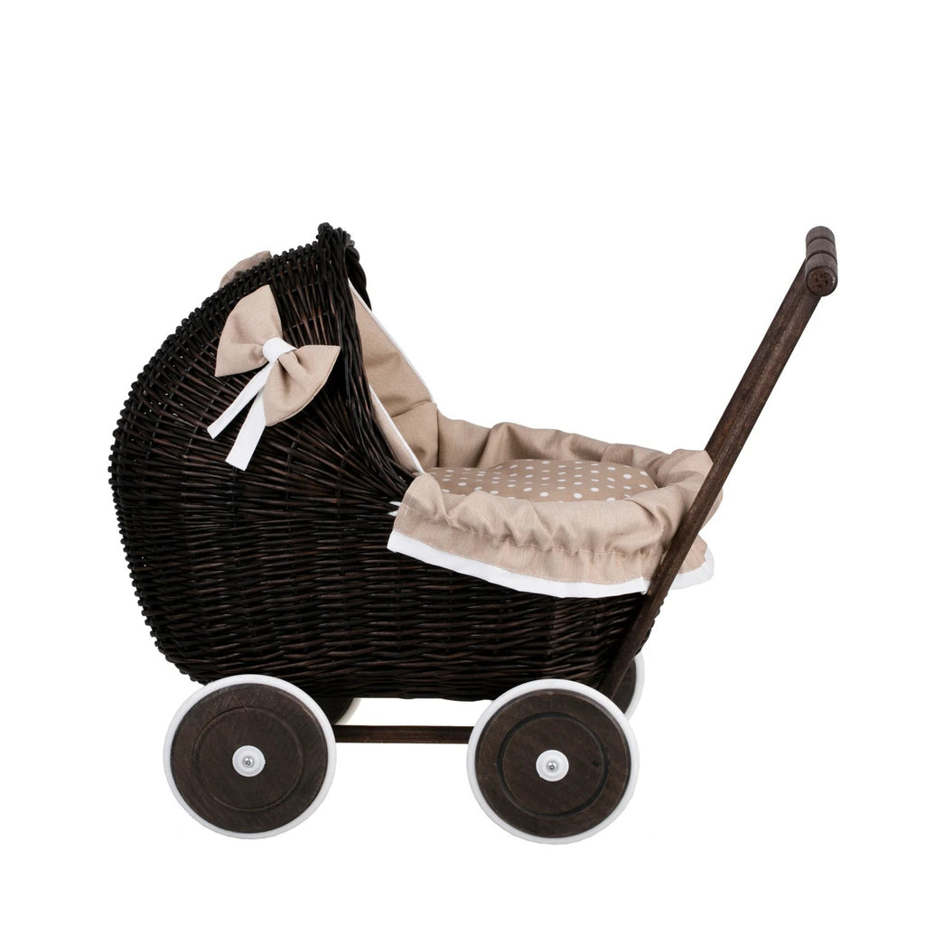 Poppenwagen riet Lili donker – beige beddengoed – afbeelding 5