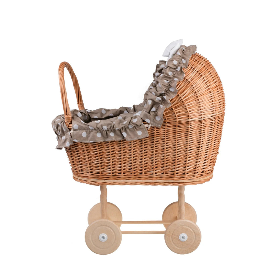 Poppenwagen riet Lulu – beige bekleding met deken en kussen – afbeelding 2