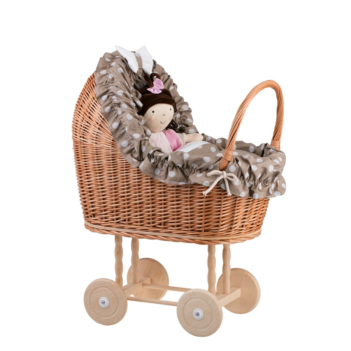Poppenwagen riet Lulu – beige bekleding met deken en kussen – afbeelding 5