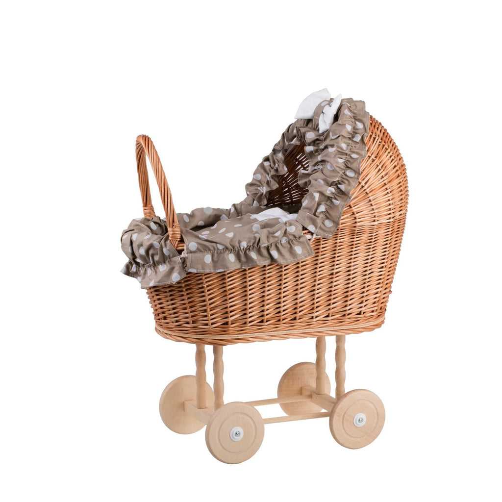 Poppenwagen riet Lulu – beige bekleding met deken en kussen – afbeelding 7