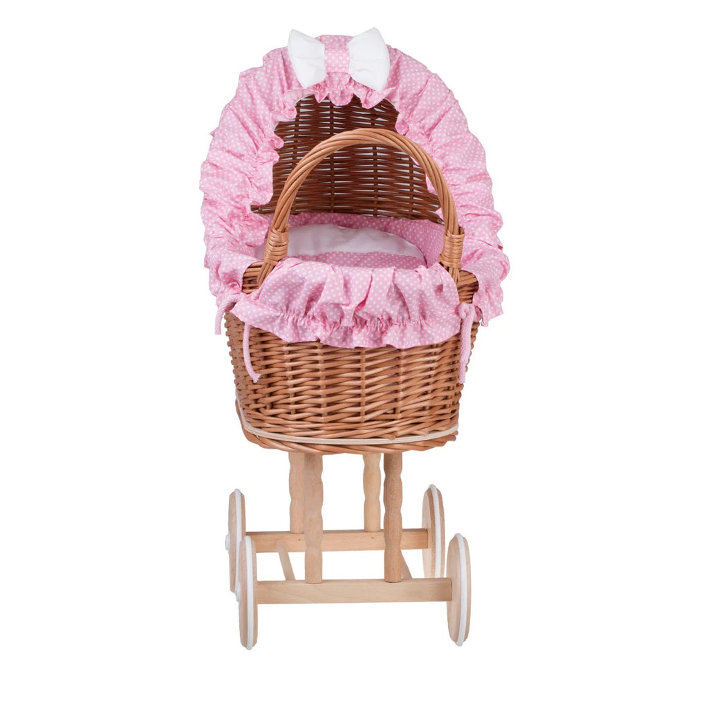 Poppenwagen riet Lulu – roze bekleding met deken en kussen