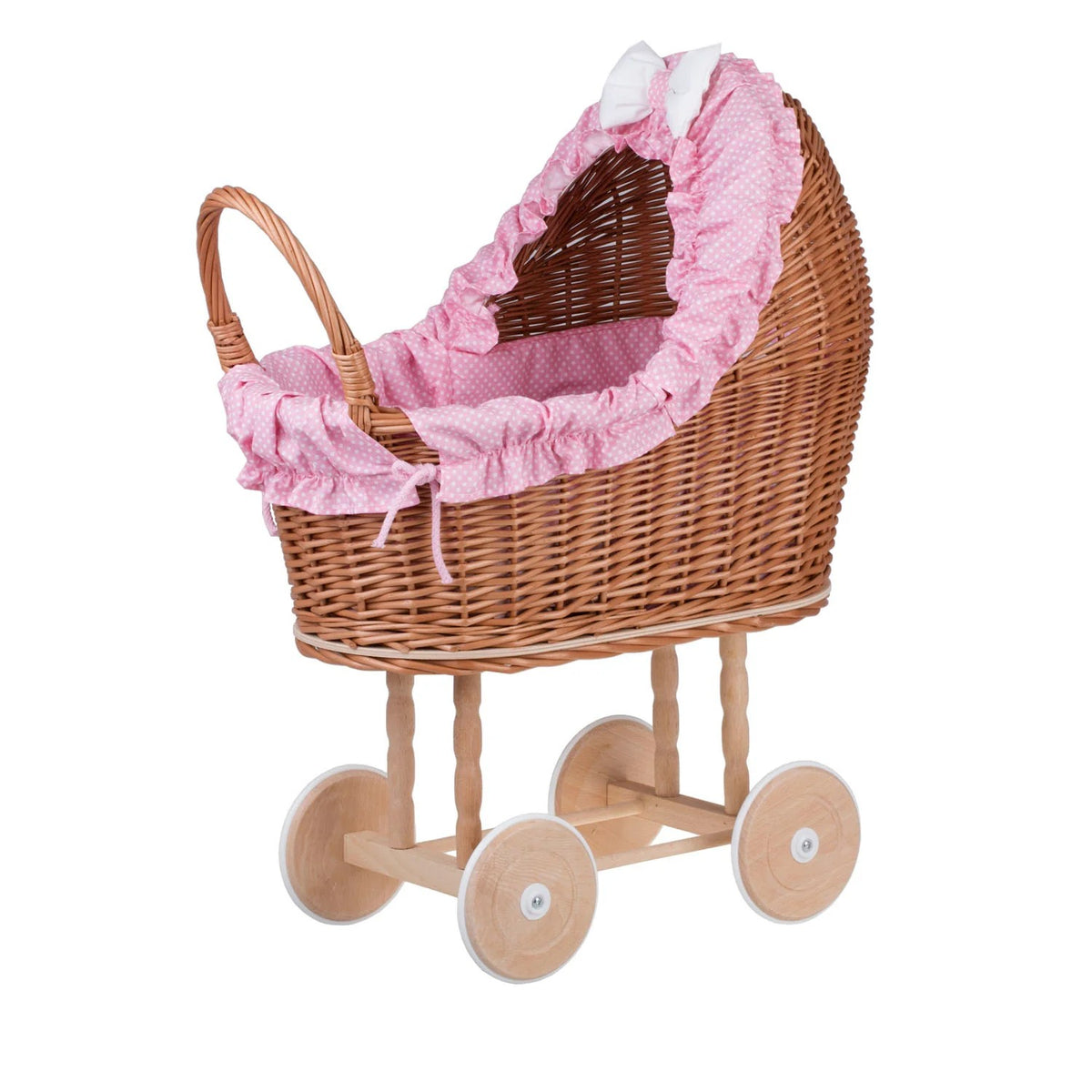 Poppenwagen riet Lulu – roze bekleding met deken en kussen – afbeelding 2