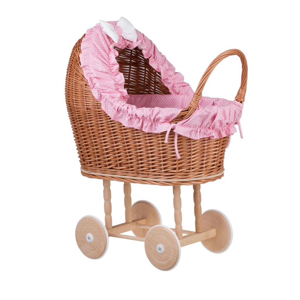 Poppenwagen riet Lulu – roze bekleding met deken en kussen – afbeelding 4
