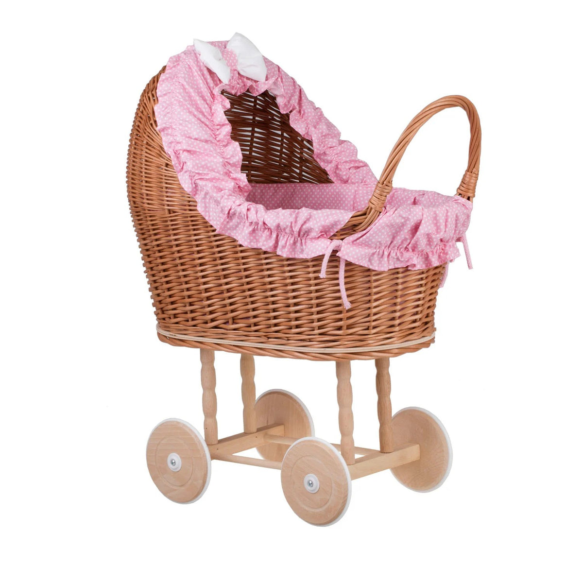 Poppenwagen riet Lulu – roze bekleding met deken en kussen – afbeelding 4