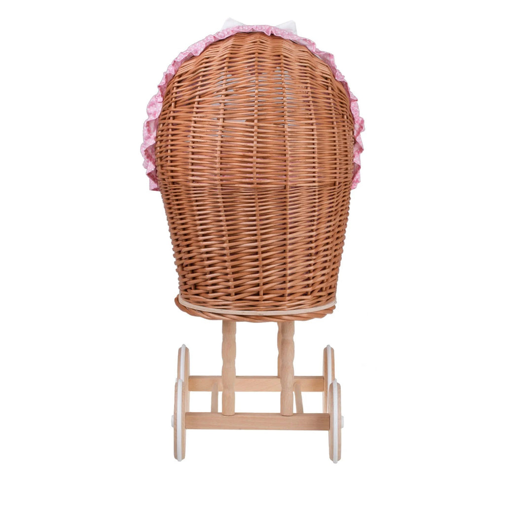 Poppenwagen riet Lulu – roze bekleding met deken en kussen – afbeelding 5
