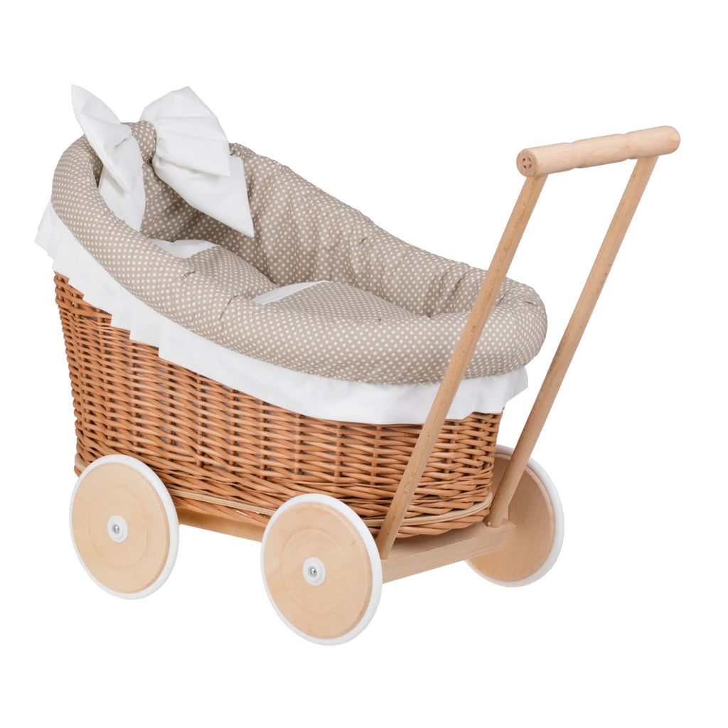 Poppenwagen riet Luna 1330-01 – beige bekleding met dekbed en kussen