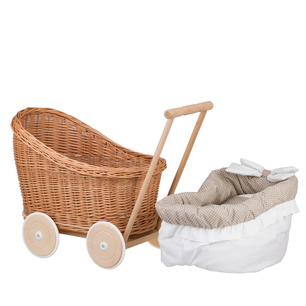 Poppenwagen riet Luna 1330-01 – beige bekleding met dekbed en kussen – afbeelding 2