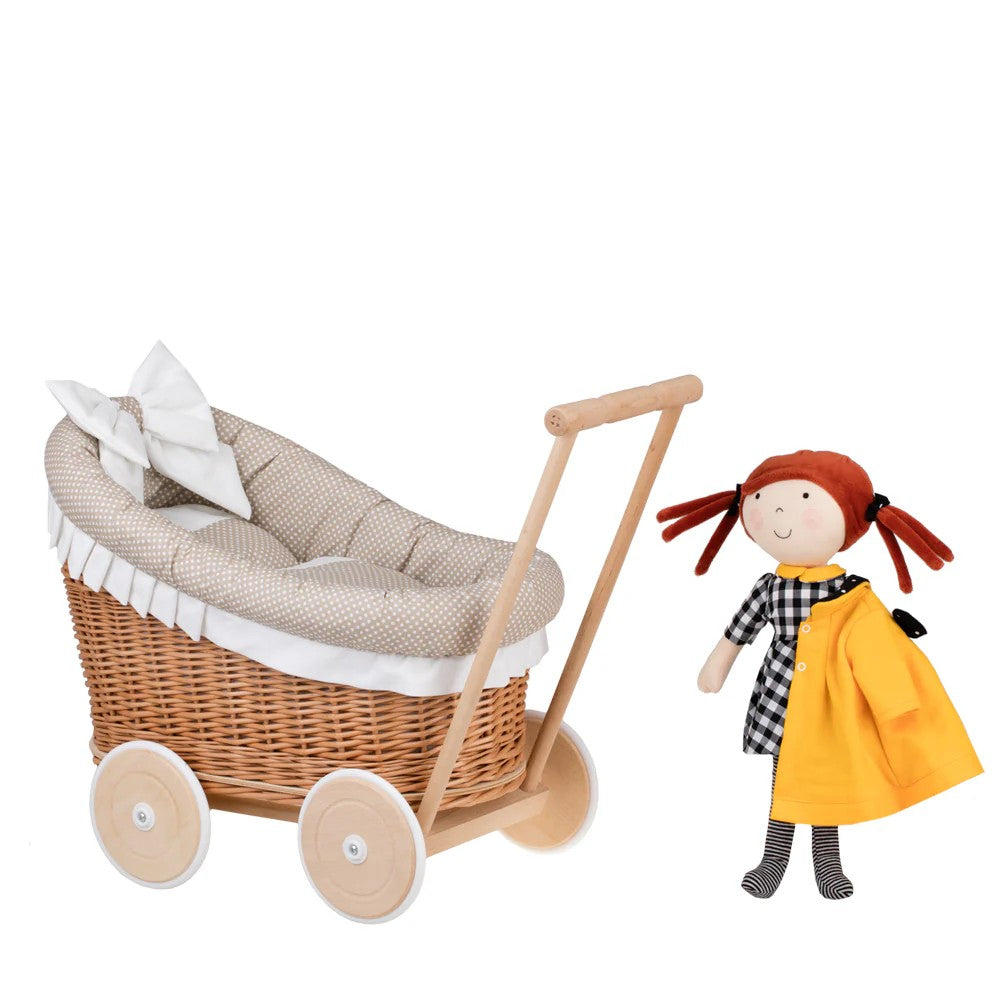 Poppenwagen riet Luna 1330-01 – beige bekleding met dekbed en kussen – afbeelding 4