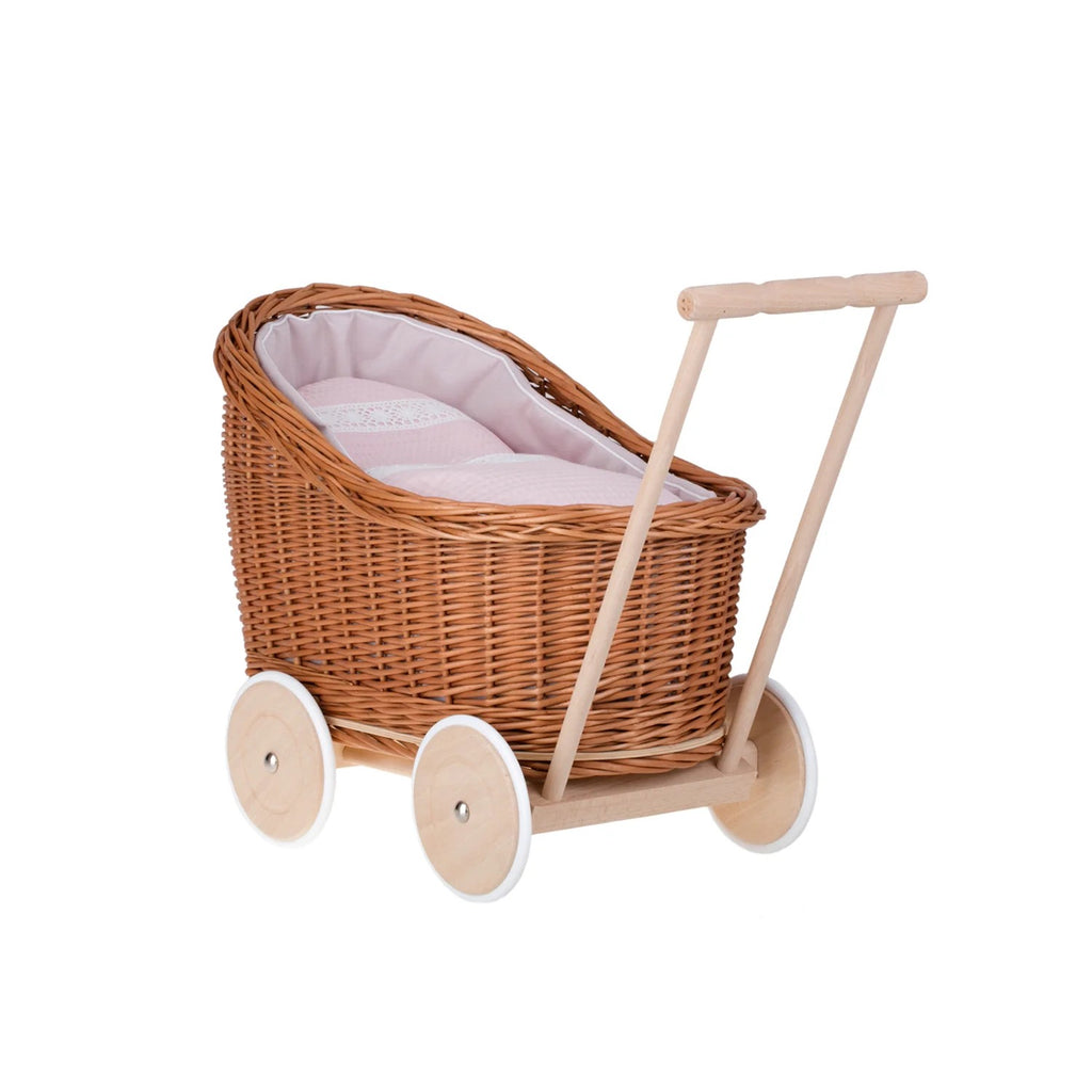 Poppenwagen riet Luna 1330-03 – roze bekleding met dekbed en kussen – afbeelding 3