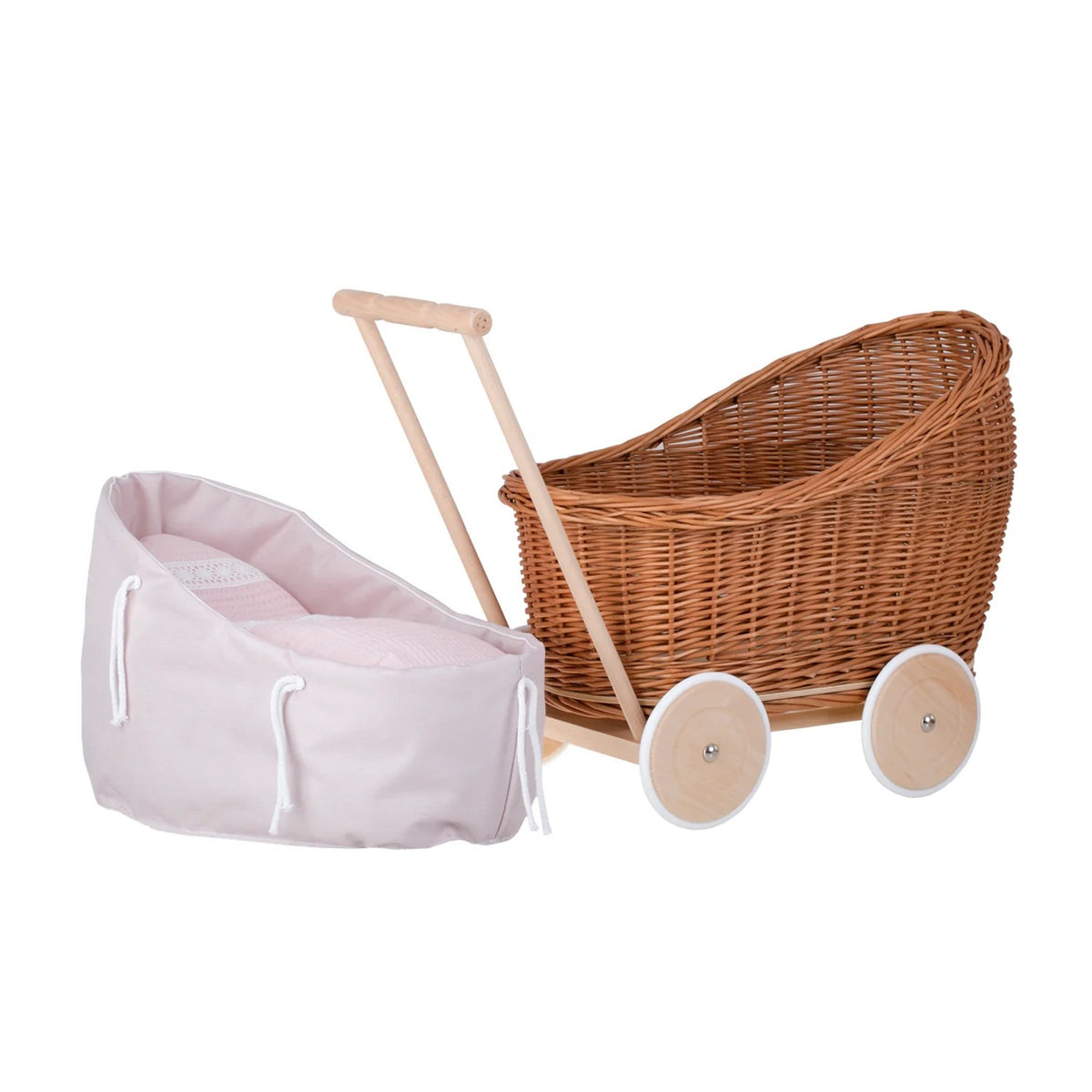 Poppenwagen riet Luna 1330-03 – roze bekleding met dekbed en kussen – afbeelding 4