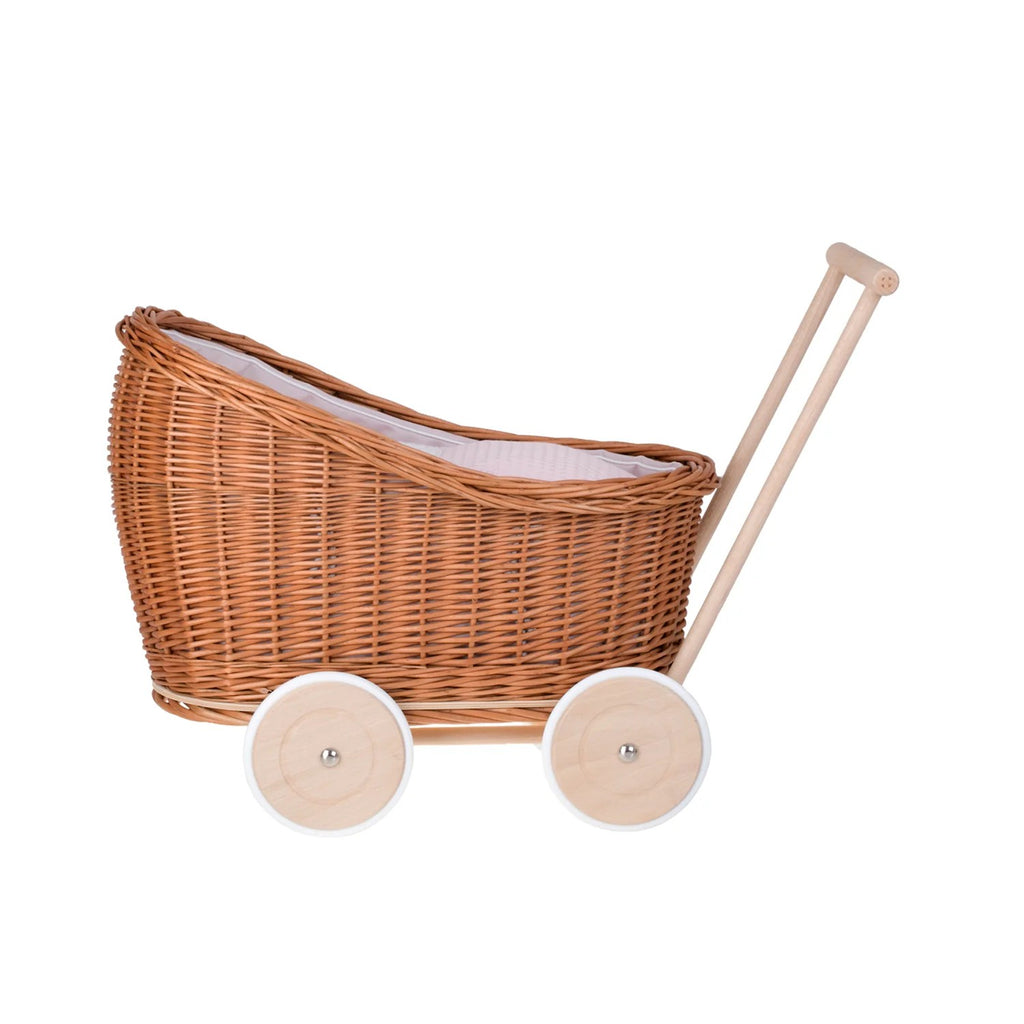 Poppenwagen riet Luna 1330-03 – roze bekleding met dekbed en kussen – afbeelding 6