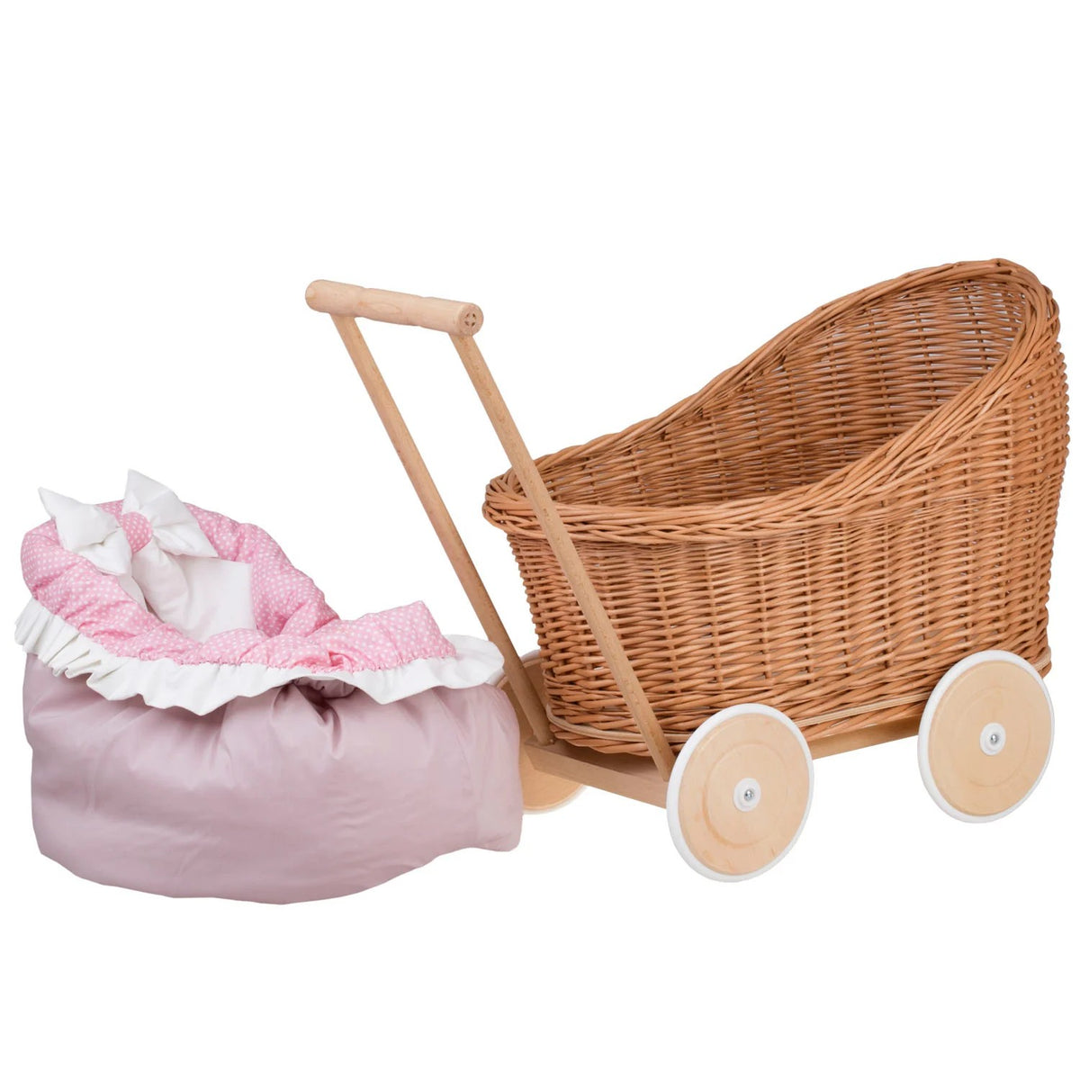 Poppenwagen riet Luna 1330 – roze bekleding met dekbed en kussen – afbeelding 2