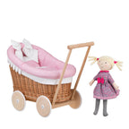 Poppenwagen riet Luna 1330 – roze bekleding met dekbed en kussen – afbeelding 3