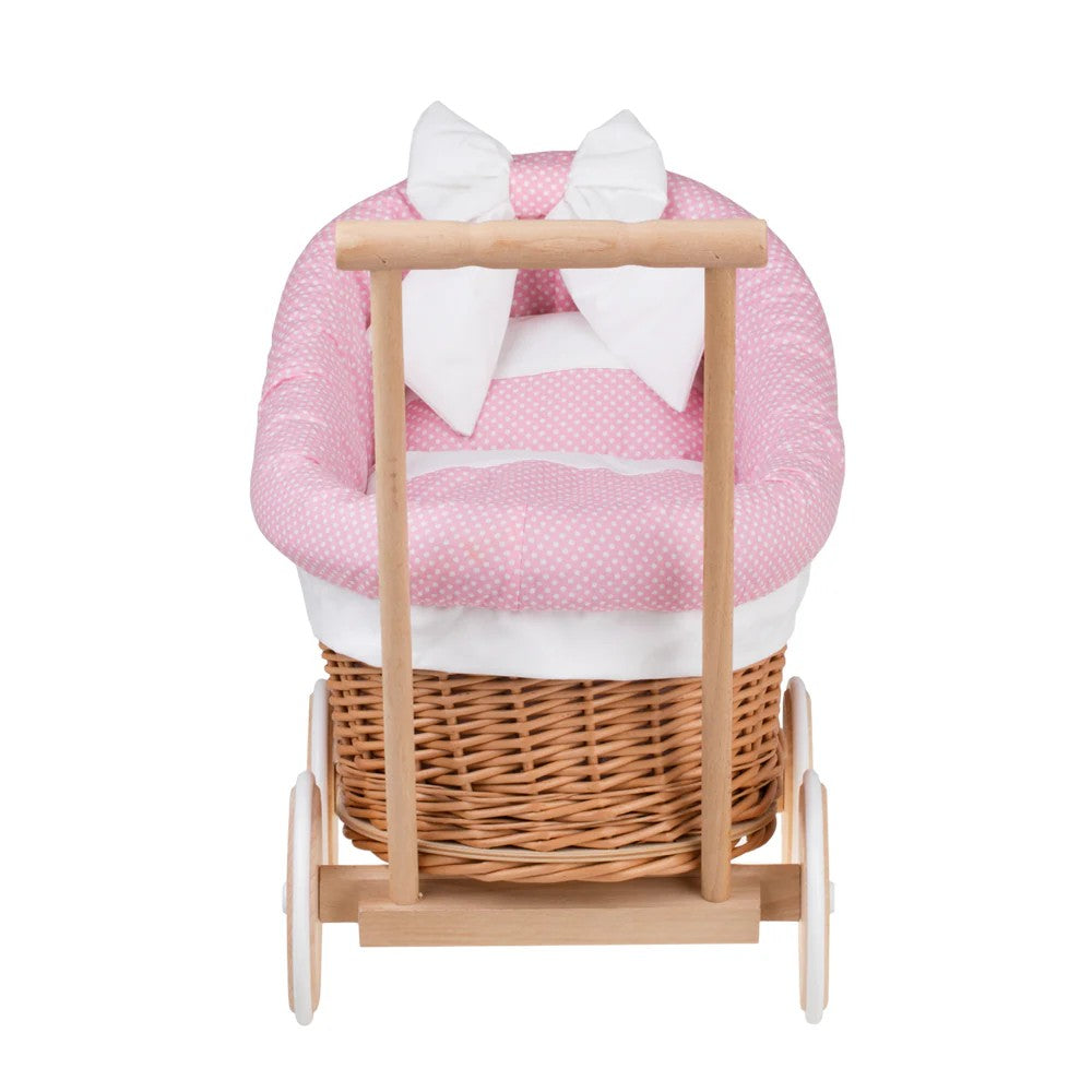 Poppenwagen riet Luna 1330 – roze bekleding met dekbed en kussen – afbeelding 4
