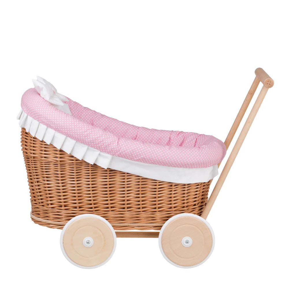 Poppenwagen riet Luna 1330 – roze bekleding met dekbed en kussen – afbeelding 6