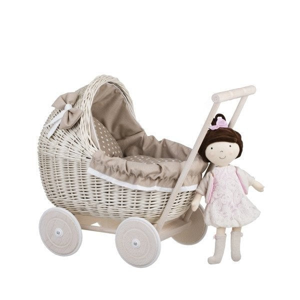 Poppenwagen riet whitewash – beige beddengoed – afbeelding 12