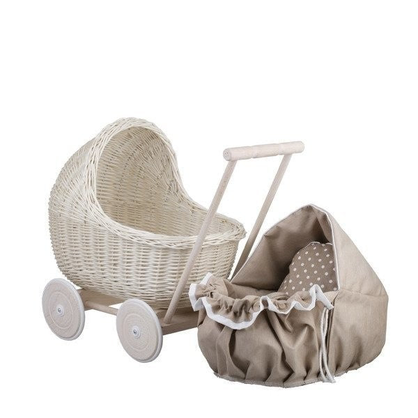 Poppenwagen riet whitewash – beige beddengoed – afbeelding 7
