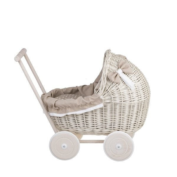 Poppenwagen riet whitewash – beige beddengoed – afbeelding 9